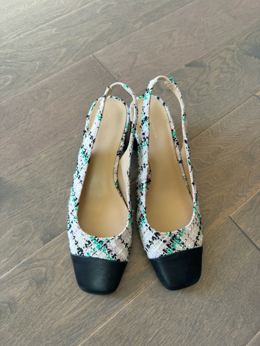 Ann Taylor Black Toe Tweed Slingback Flats with Green Accents